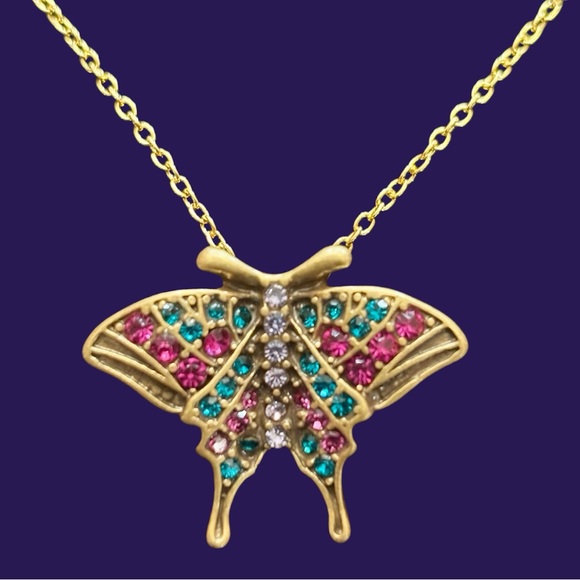 Heidi Daus Butterfly Pendant Necklace with sparkling pink & green crystals - Picture 1 of 9